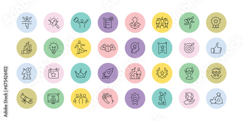 An icon set featuring the unlocking of milestones, emphasizing achievement icons, celebrating success, and the conquering of goals.
