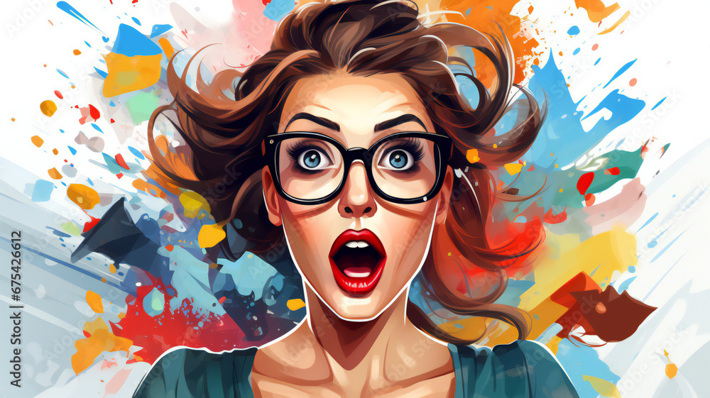 Young surprised woman in eyeglasses with shopping bags in her hands. Shopping, sale concept. People emotions. Black Friday. Illustration poster. 
