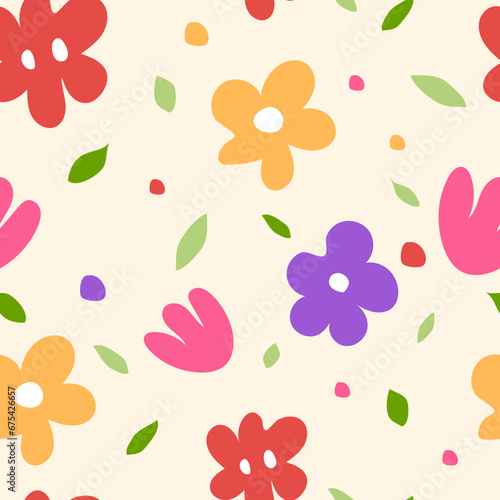 seamless pattern with hand drawn flowers, retro floral and leaf background, repeatable design, colorful blossom, beautiful decorative for textile paper, fabric, wallpape, wrapping, vector illustration