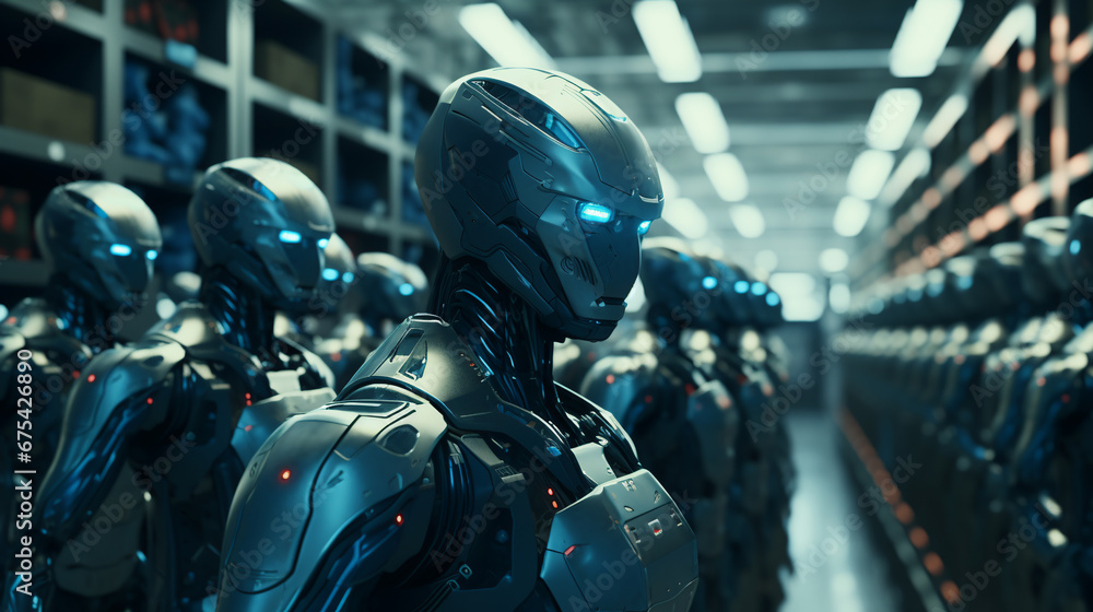 robot production plant. robots of the future stand in a row in a warehouse. ai generative robot production plant. robots of the future stand in a row in a warehouse. ai generative