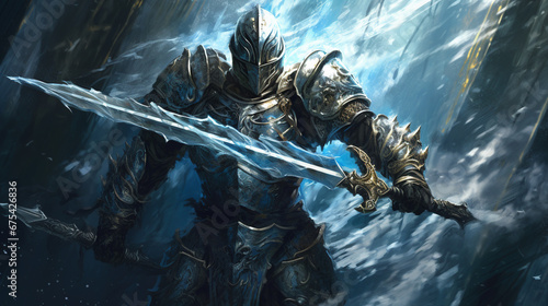 a paladin, holy knight, swinging a massive two-handed broadsword. ai generative