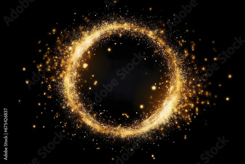 Gold glitter circle of light shine sparkles and golden spark particles in circle frame on black background. Christmas magic stars glow, firework confetti of glittery ring shimmer