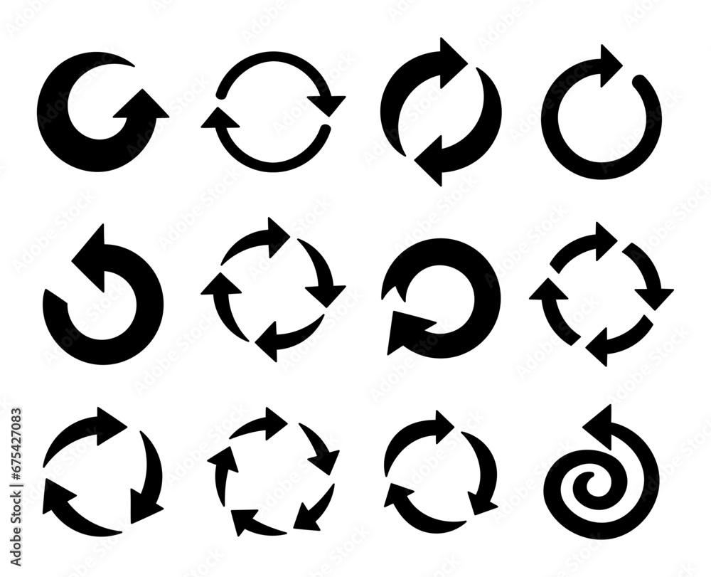 Different circular arrows. Silhouette image. Refresh, reload, loading, recycle, loop rotation. Hand drawn style. Vector drawing. Collection of design elements. Different circular arrows. Silhouette image. Refresh, reload, loading, recycle, loop rotation. Hand drawn style. Vector drawing. Collection of design elements.