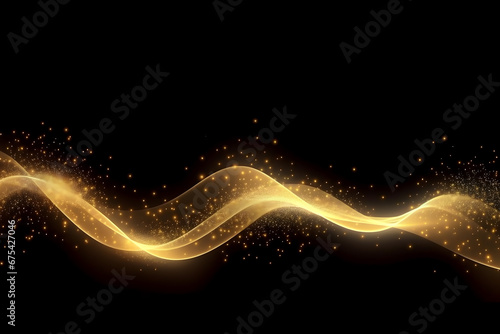 Golden glitter glare wave trail of sparkling particles in space black background. abstract gold flare shine trace for Christmas or premium fashion and luxury cosmetic