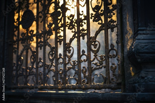 Old abandoned gate Hidden within a forgotten jungle. Old gate with lush vegetation forest.