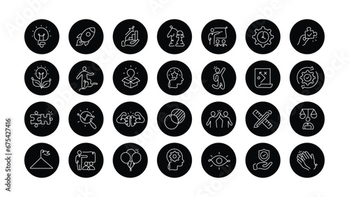 Innovative Team Management Icons. Editable Stroke Vector Icons. This icon set represents creative business solutions for innovative team management.