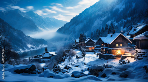 A pristine, snow-covered village nestled in the mountains, smoke curling from the chimneys of the cozy cottages.