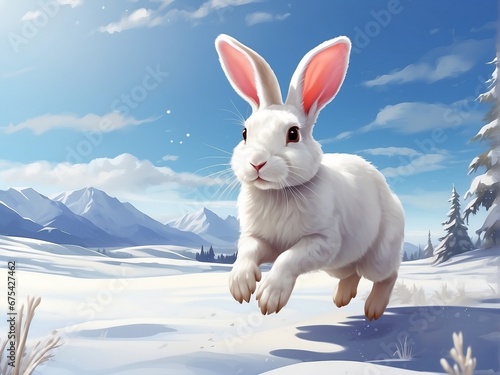 White christmas rabbit running on snow field blue sky landscape beautiful illustration. Generative AI.