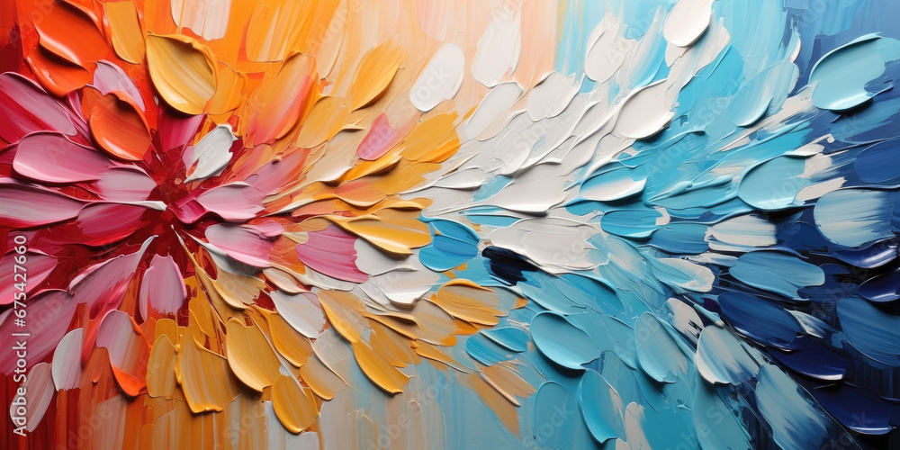 Abstract oil painting: colorful flower petals, using a palette knife