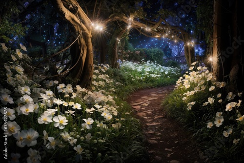 Old abandoned gate Hidden within a forgotten jungle with flower garden. Old gate with lush vegetation forest.