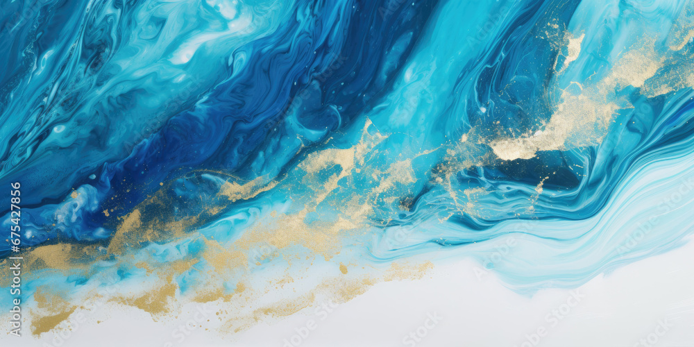 Abstract background in the style of smooth liquid formations and waves, oil painting: turquoise, gold and blue colors and waves