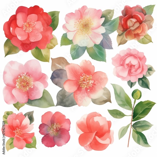 Set of watercolor camellias flowers clipart