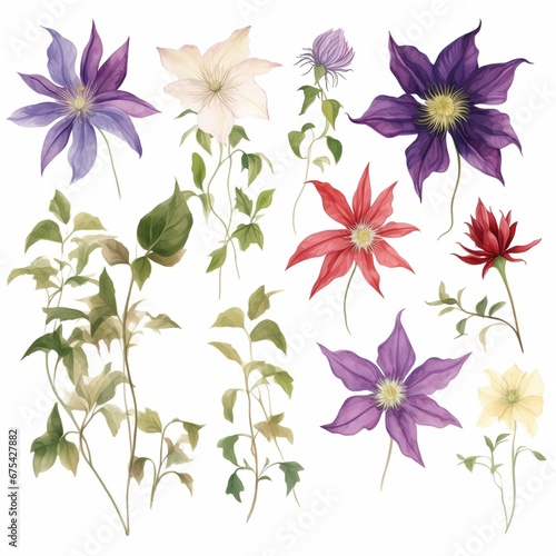 Set of watercolor clematis flowers on white background clipart photo