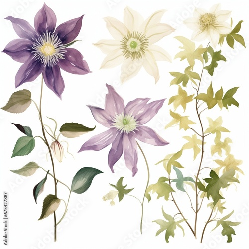 Set of watercolor clematis flowers on white background clipart © evgenia_lo