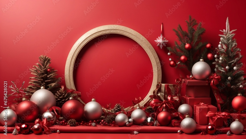 Christmas background with balls and golden christmas wreath, xmas tree on red canvas background. Merry christmas card. Winter holiday theme. Happy New Year. Space for text. Generative AI