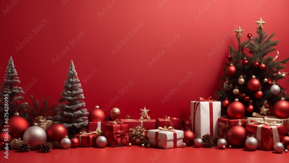 Christmas tree with gifts and christmas decorations, with red wall or background. Generative AI.