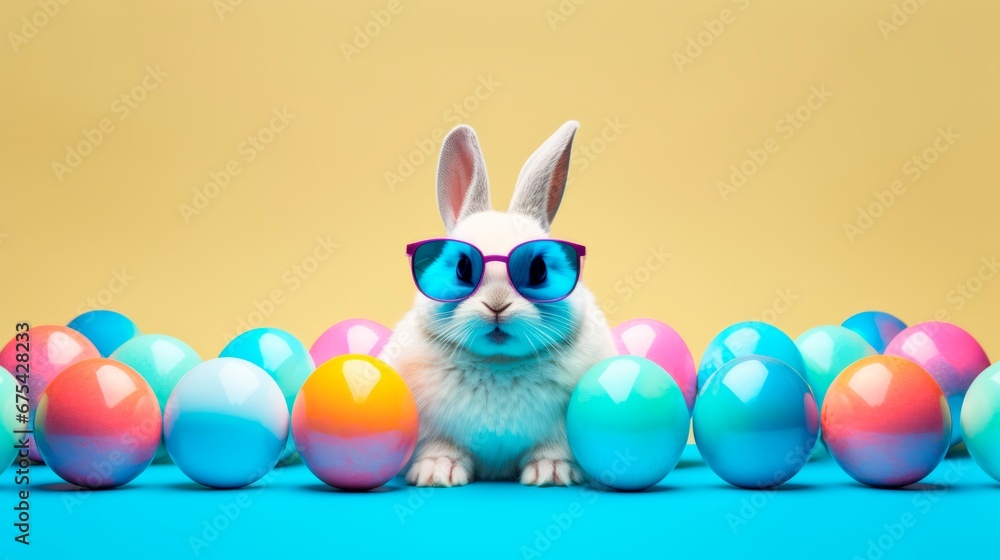 funny easter Bunny With sunglasses and colorful Easter Eggs In vibrant golden background Copy space for text funny easter Bunny With sunglasses and colorful Easter Eggs In vibrant golden background Copy space for text
