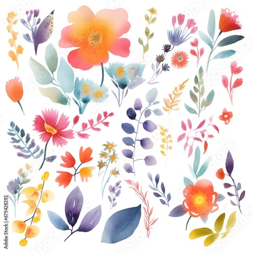 Set of watercolor flowers on white background clipart © evgenia_lo