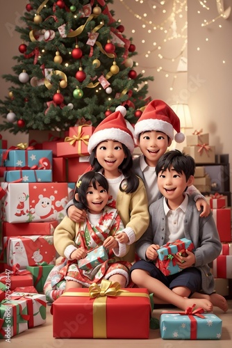 Asian very happy kids  Christmas tree  wrapping paper  presents. Generative AI.