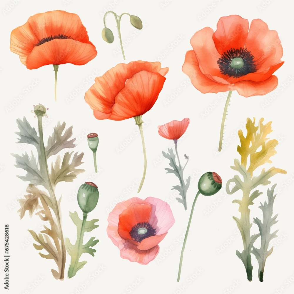 Fototapeta premium Set of watercolor poppies flowers on white background clipart