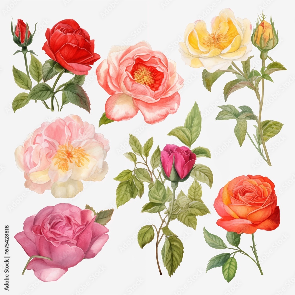 Set of watercolor roses flowers clipart