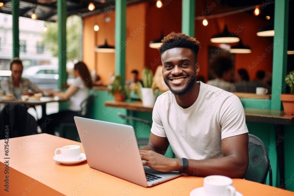 happy african american man sitting at table with laptop in cafe happy african american man sitting at table with laptop in cafe