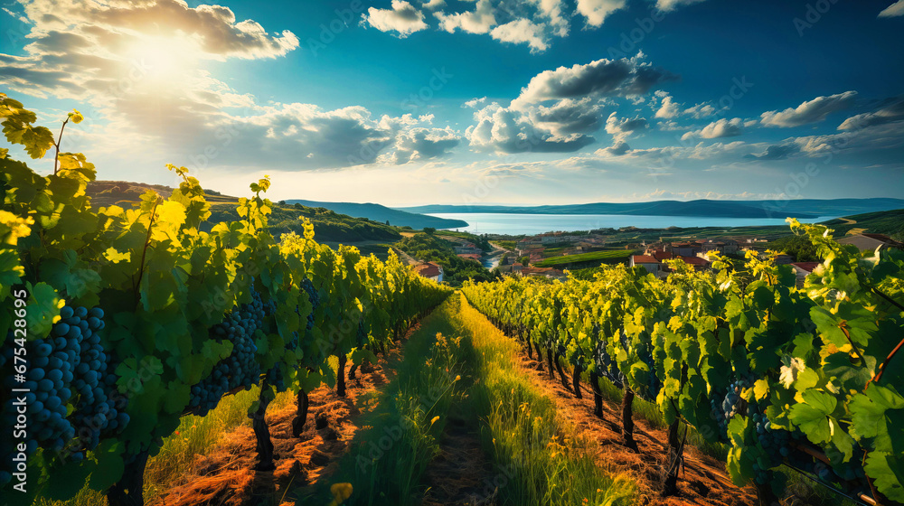 A sun-drenched vineyard stretching out to the horizon, rows of vines heavy with ripening grapes