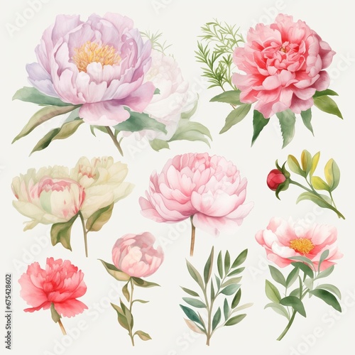 Set of watercolor peony flowers on white background clipart