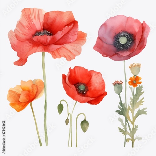 Set of watercolor poppies flowers on white background clipart