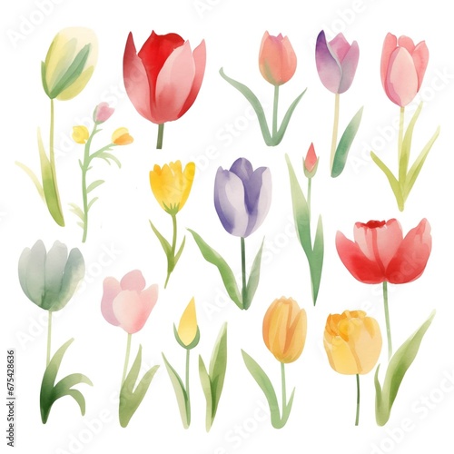 Set of watercolor tulips flowers on white background clipart