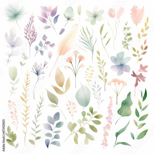 Set of minimalistic watercolor flowers amd leaves on white background clipart