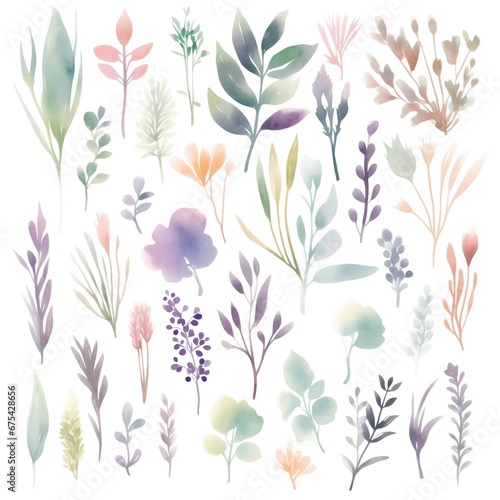 Set of minimalistic watercolor flowers amd leaves on white background clipart © evgenia_lo