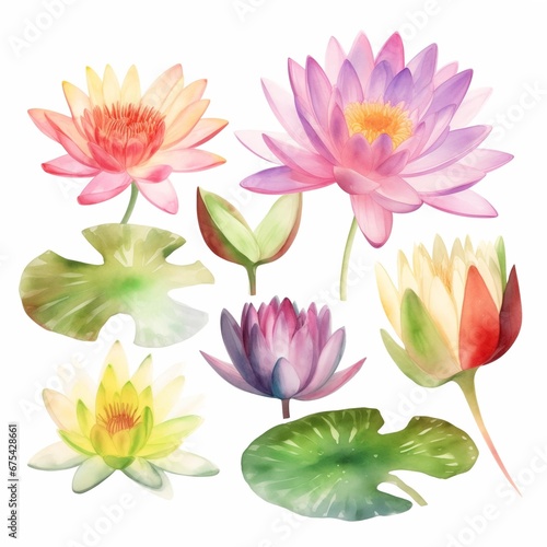 Set of watercolor water-lillies flowers on white background clipart