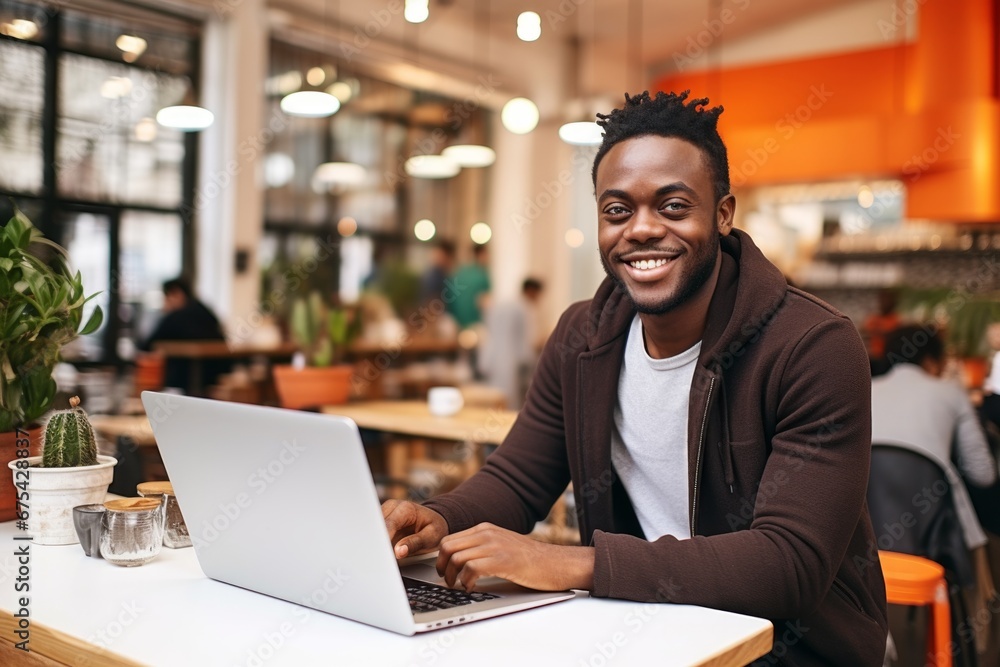 happy african american man sitting at table with laptop in cafe happy african american man sitting at table with laptop in cafe