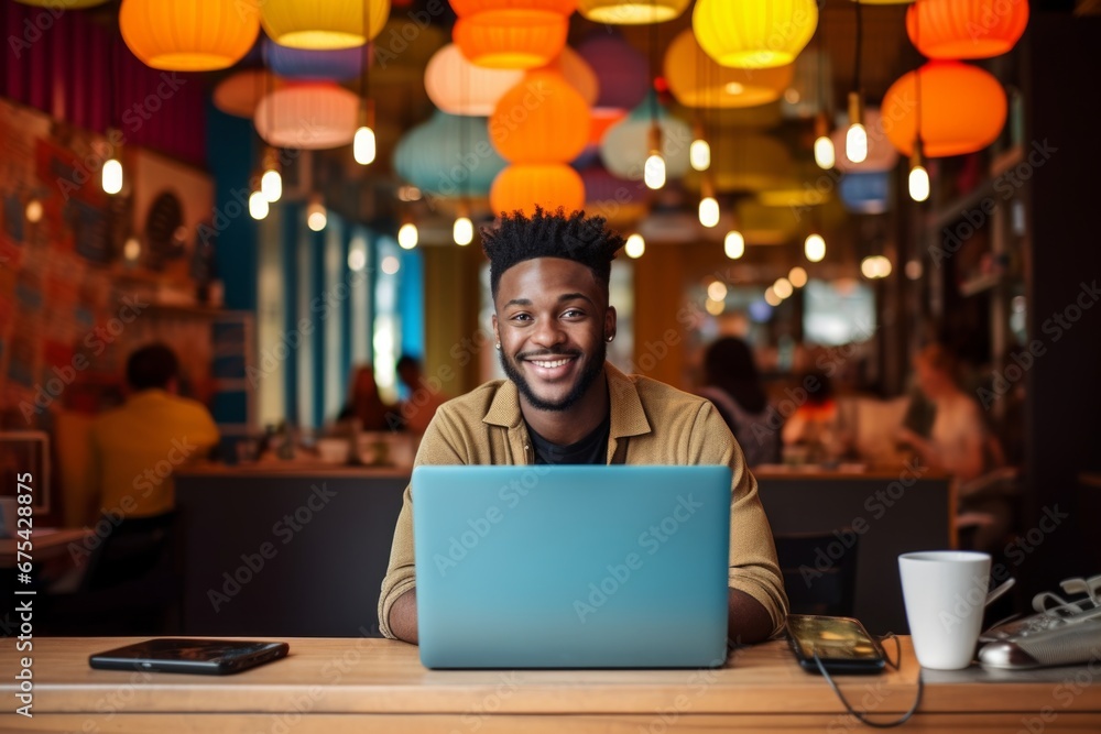 happy african american man sitting at table with laptop in cafe happy african american man sitting at table with laptop in cafe