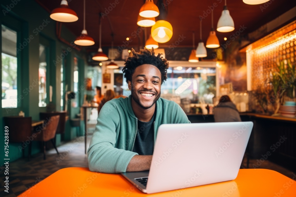 happy african american man sitting at table with laptop in cafe happy african american man sitting at table with laptop in cafe