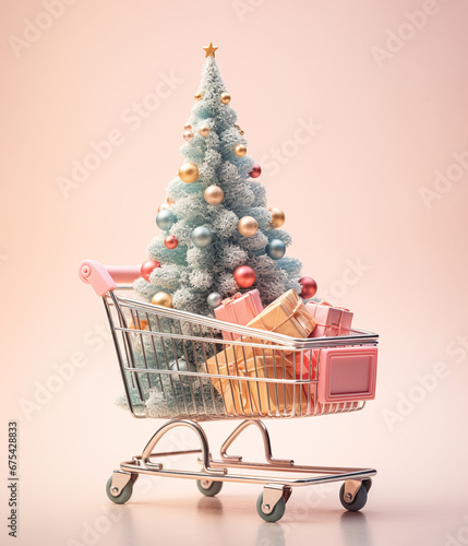 Shopping cart with Christmas tree and gift boxes, pastel tones.