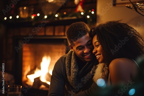 Happy young black couple hugging near fireplace in winter forest cabin