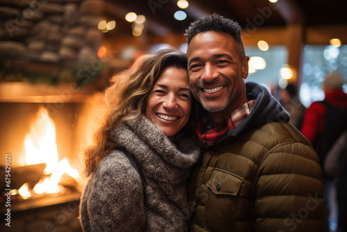 Mixed race middle age couple near a fireplace indoor winter forest cabin