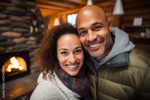 Happy middle age couple hugging near a fireplace indoor winter forest cabin