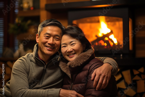 Happy middle age asian couple hugging near fireplace in winter forest cabin