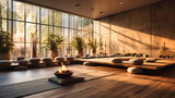 A serene and meditative yoga studio, filled with the scent of burning incense and the sound of calming music