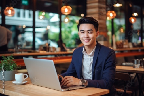 happy asian man sitting at table with laptop in cafe