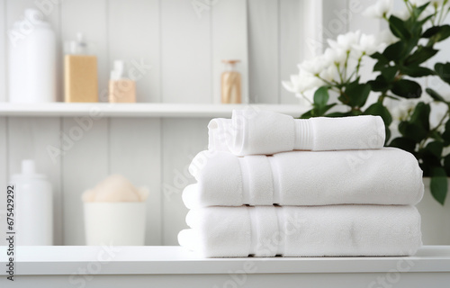 many white towels on white wooden shelves on light bathroom background