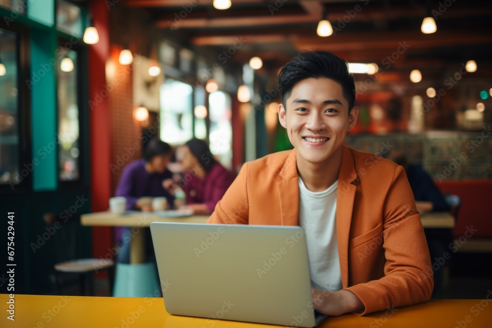 happy asian man sitting at table with laptop in cafe happy asian man sitting at table with laptop in cafe