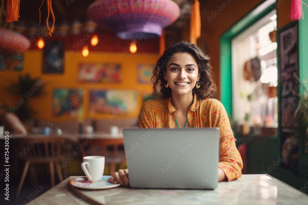 happy indian woman sitting at table with laptop in cafe - obrazy, fototapety, plakaty 