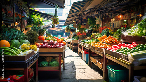 A vibrant and bustling food market, the stalls laden with fresh produce and the air filled with the sound of haggling.