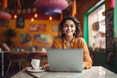 happy indian woman sitting at table with laptop in cafe photo