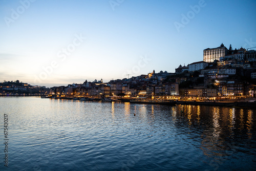 Panoramic view of Porto with Duoro river in the evening, Night Porto cityscape