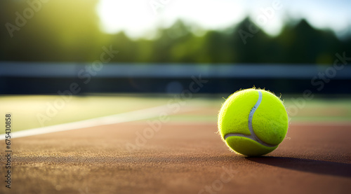 Bright yellow tennis ball on a clay court, capturing the essence of the game. © Jan